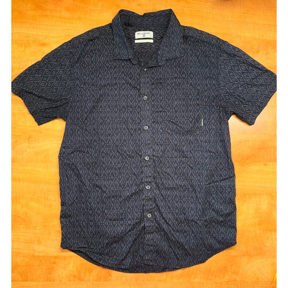 Billabong‎ Mens Stretch Short Sleeve Button Down Shirt Navy Geometric Pattern M
